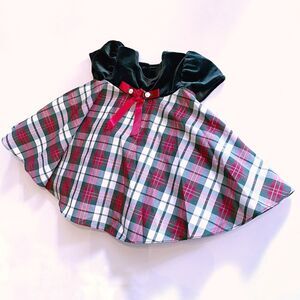 Bonnie Jean Holiday Christmas Tartan & Green Velvet Bow Dress Girls 6-9 Months